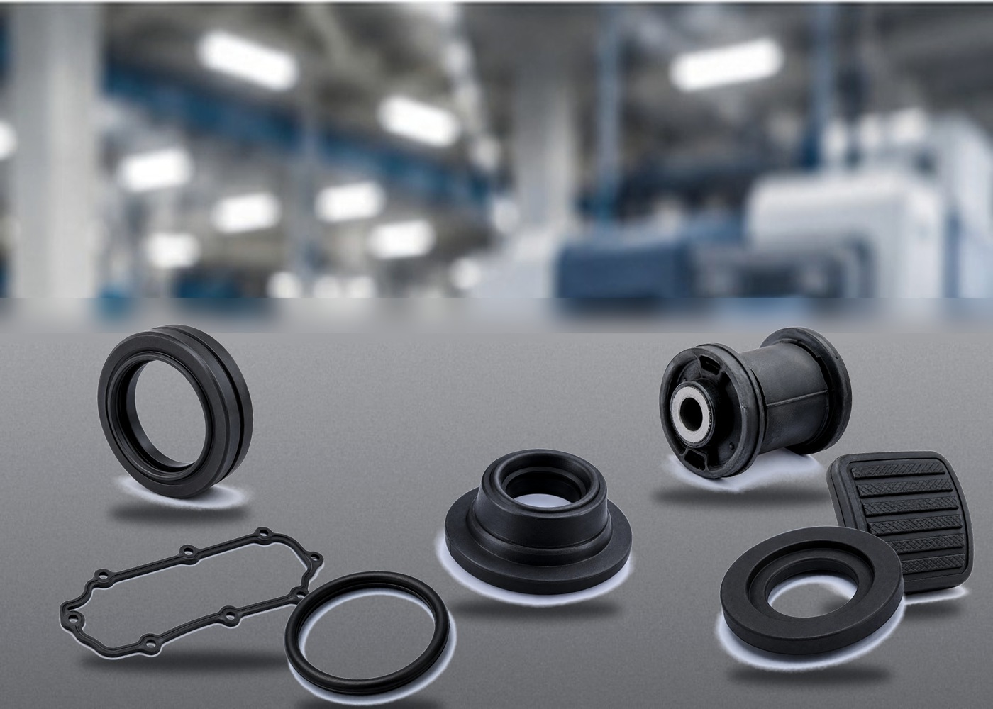 N.B. Industries precision rubber components — brake pedal pad, buffer seal, drain pump seal, engine mount bush, faucet base gasket, oil filter gasket, valve cap gasket