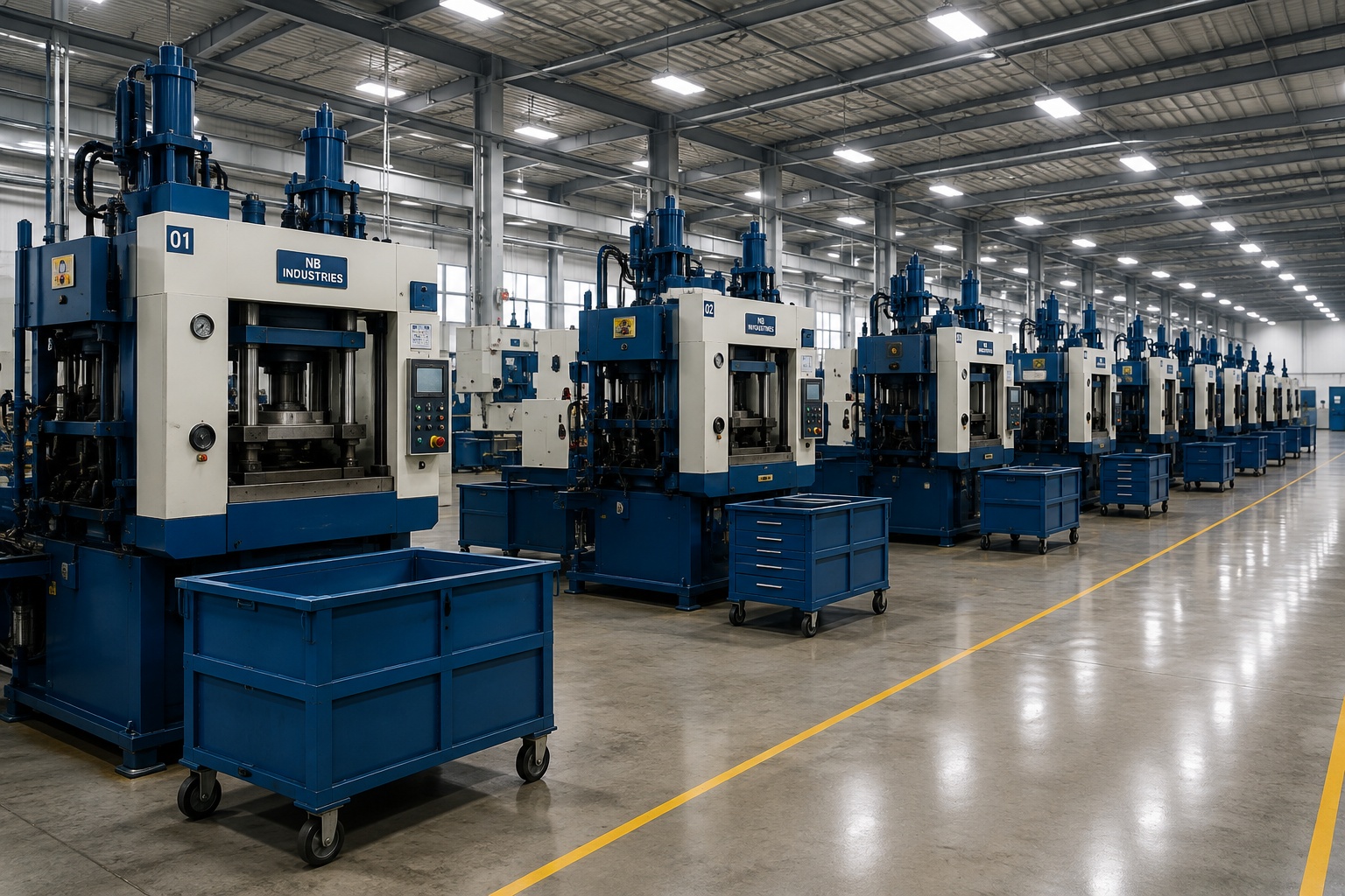 Row of hydraulic compression presses on the production floor