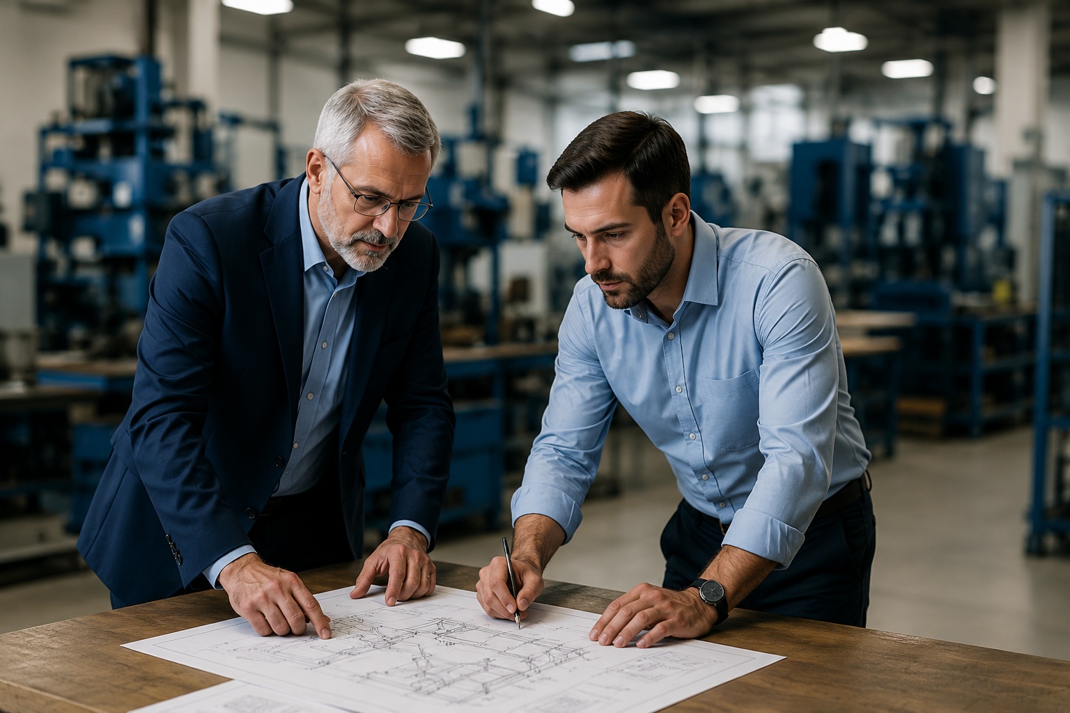 Engineers reviewing a technical drawing